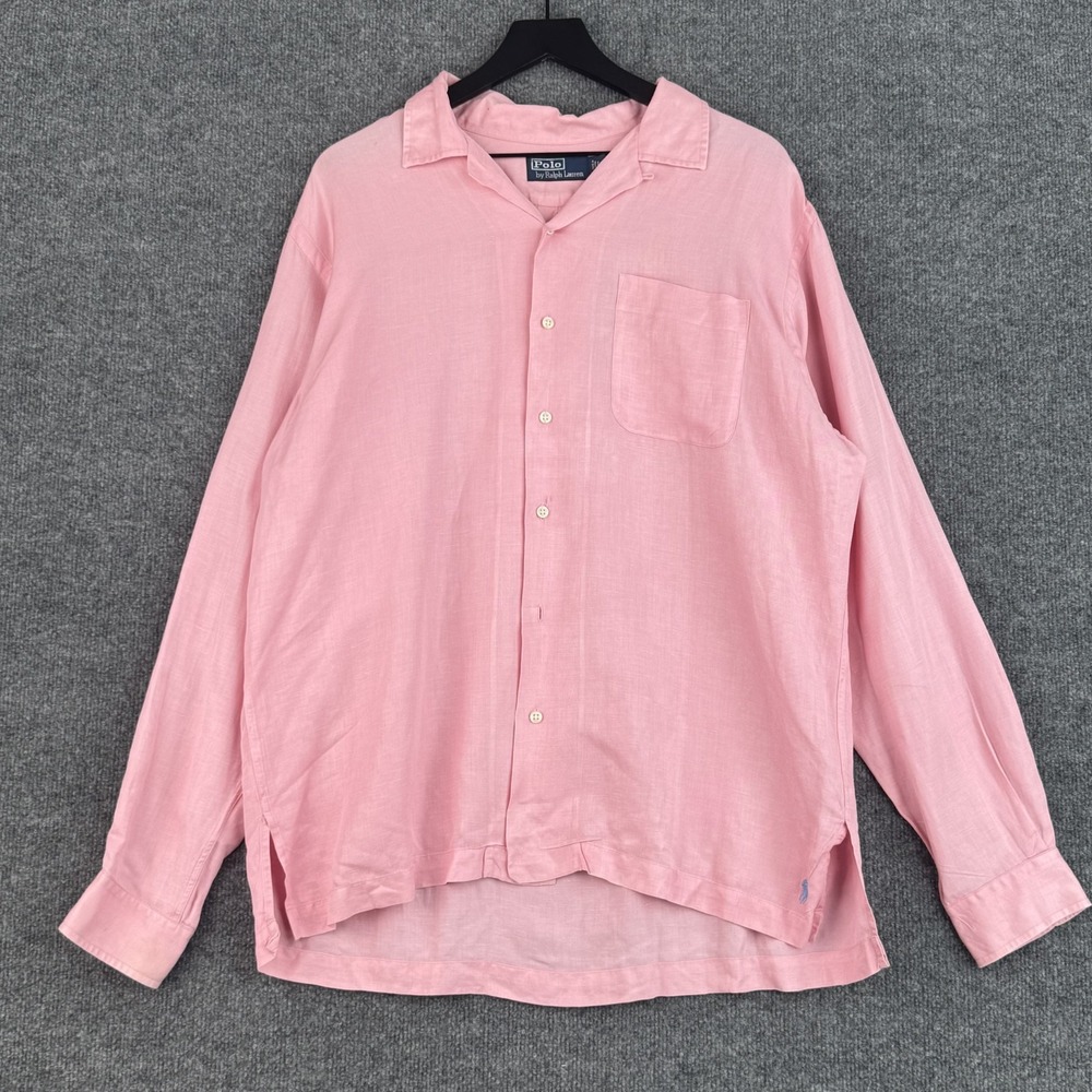 Vintage Polo Ralph Lauren Camp Collar Shirt Mens L Pink Silk Linen Long Sleeve